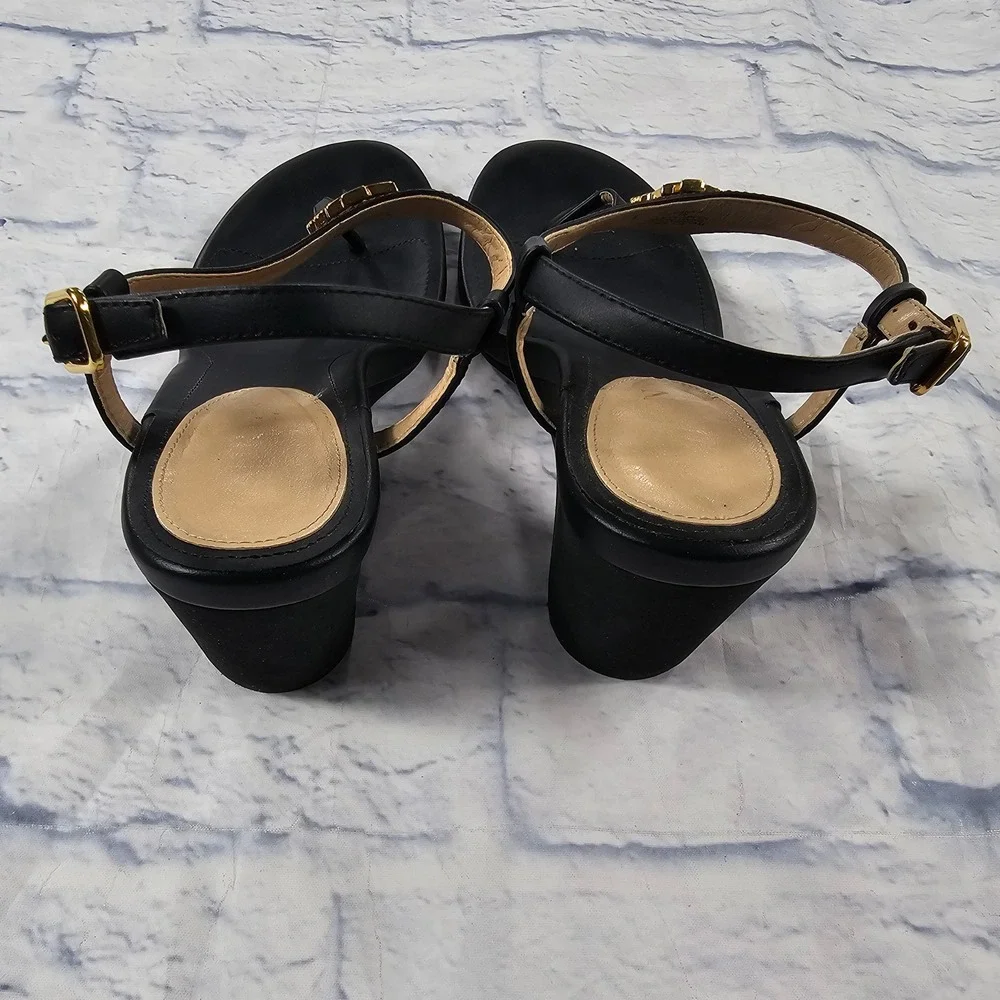 Lauren Ralph Lauren Jeannie Wedge Sandals Women 7 B Black Gold RL Thong Heels